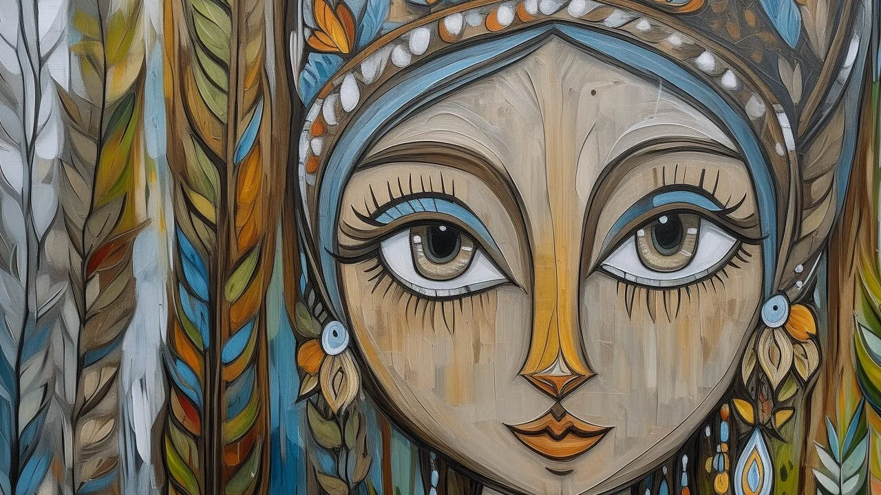 a close up of a painting of a woman's face, naive art, woodland, gray anthropomorphic, elf girl wearing an flower suit, aztec princess portrait, on wood, nika maisuradze, gardening, trending on devian art, childhood, freezing, abstract face, delightful