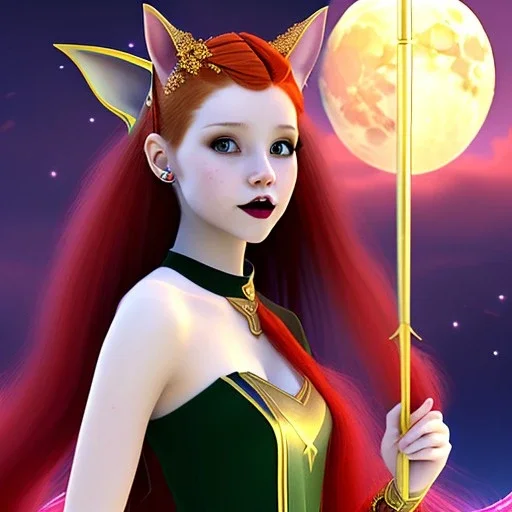 Attractive teenage girl with red hair with golden highlights, who is dressed like a witch casting a spell with a quarterstaff on the moon, she has cat ears, green eyes looking at the moon, has a normal nose, background is realistic space, the girl is on a planet, goth girl dress, full body portrait, arm colors gradient effect into stars, rendered, unity 3d, unreal engine, dslr, hdr, 4k, edited, photorealistic, normal number of appendages, freckles, artists rendered