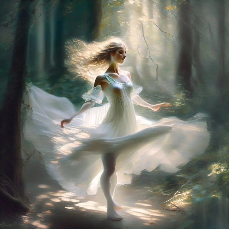 A sweet delicate music surrounding a gracious girl dancing barefoot in a forest, detailed beautiful face, she's wearing a white transparent dress, looks like a painting, volumetric lighting, depth of field