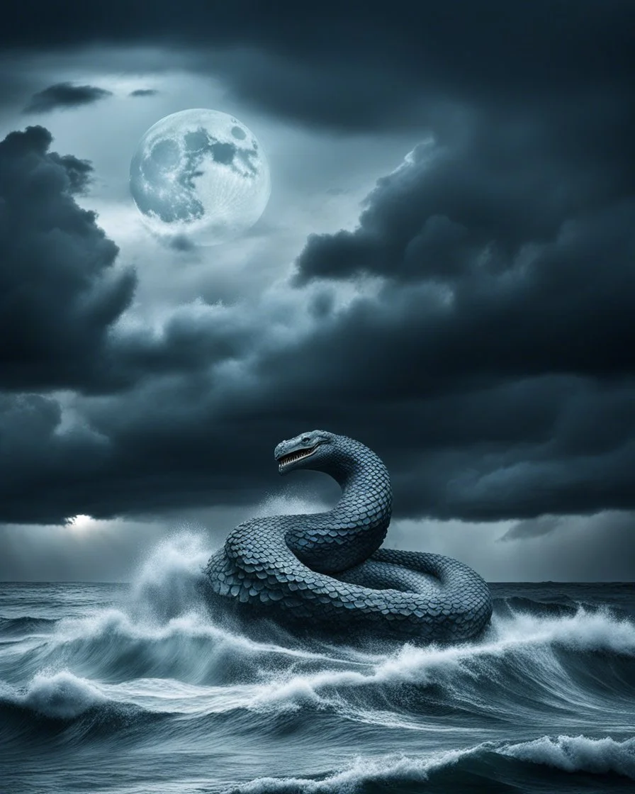 ultraralistic photography of jormungandr in storm with a stormy cloud and big moon