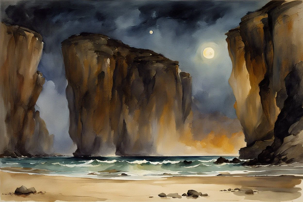 Night, rocks, cliffs, sci-fi, distant mountains, sea, waves, sand, seashore, epic, fantasy, john singer sargent watercolor paintings