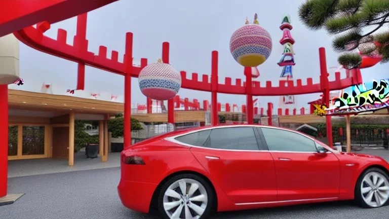 A Tesla's 'Model S Plaid' is parked, at 'Nagashima Spa Land', in Kuwana, in Japan. CINEMATIC. WIDE ANGLE LENS.