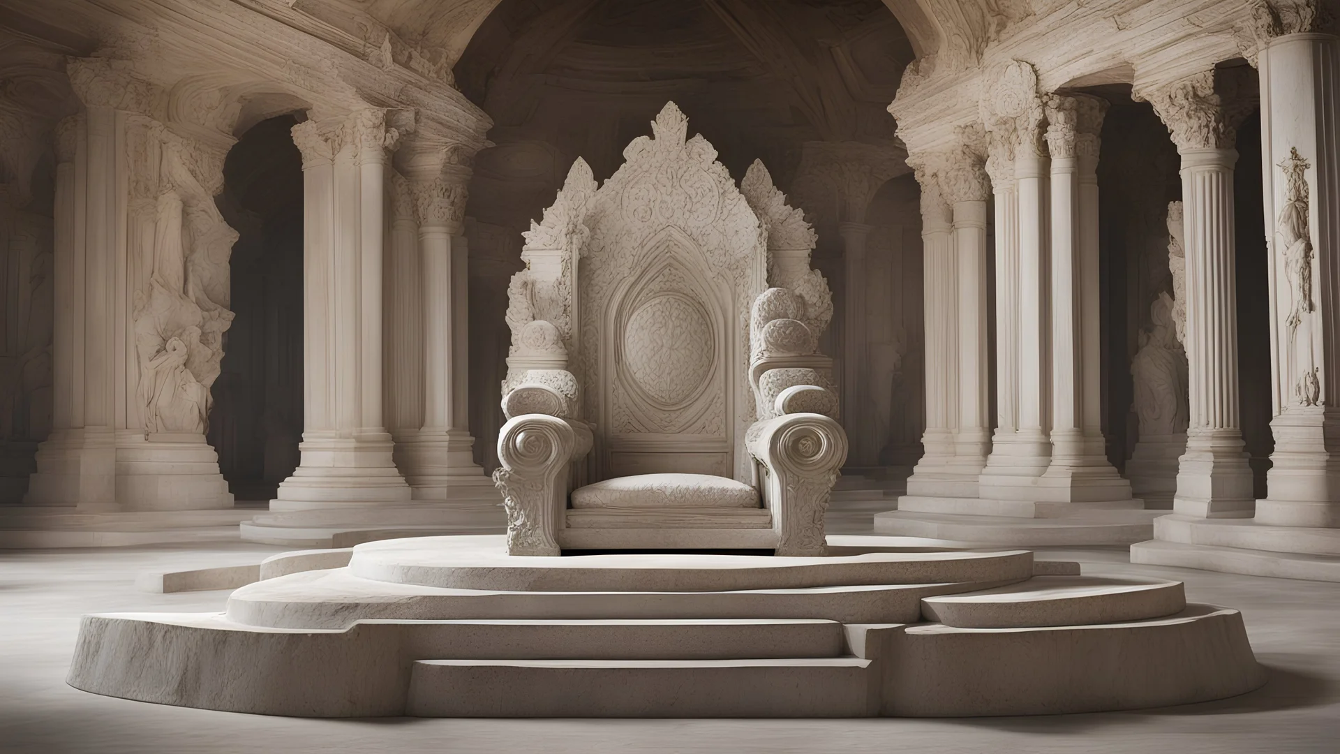 two identical, large thrones atop a stone dais within a room sculpted from stone