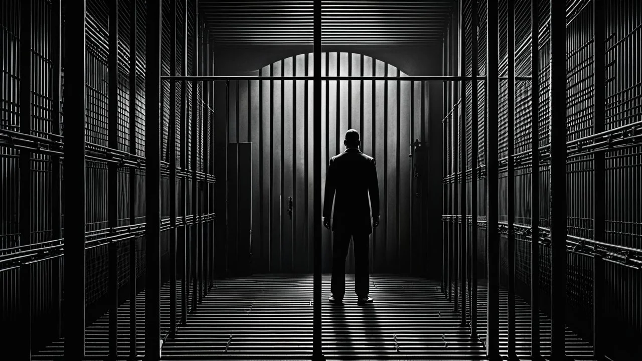 Parallels — endless prison bars, parallel lines, shadowy prison cell, hidden human figure with invisible face, dark cinematic atmosphere, existential symbolism, ultra realistic, pale light, psychological horror, masterpiece, high contrast, surreal realism, 8k