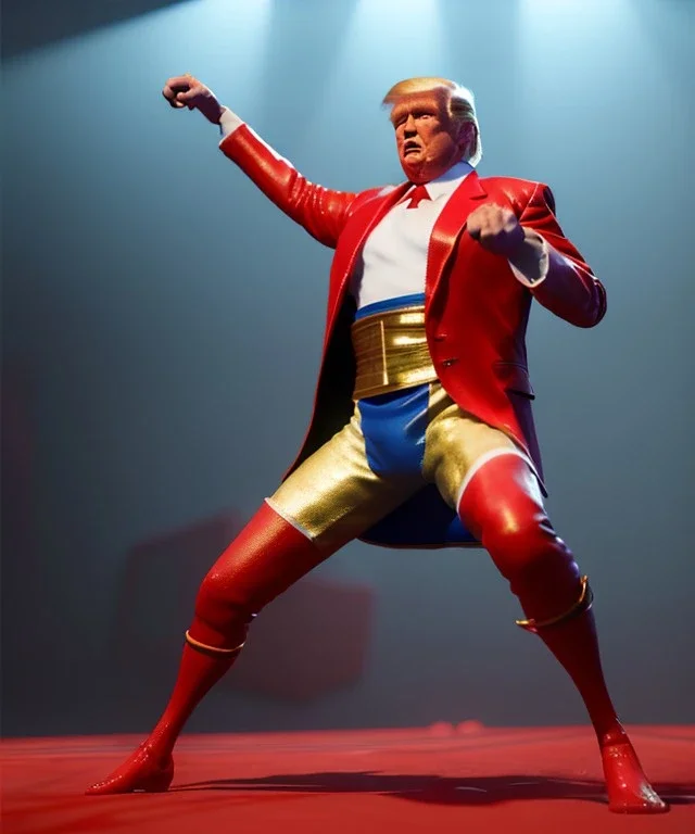 Donald trump fighter wrestling, naked torso, color breeches, suspenders, retro style, 80s, hot ambient, photo studio, red, gold, vibrant color, gradient, highly detailed, art stations, concept art, smooth, unreal engine 5, god rays, ray tracing, RTX, lumen lighting, ultra detail, volumetric lighting, 3d, finely drawn, high definition, high resolution.