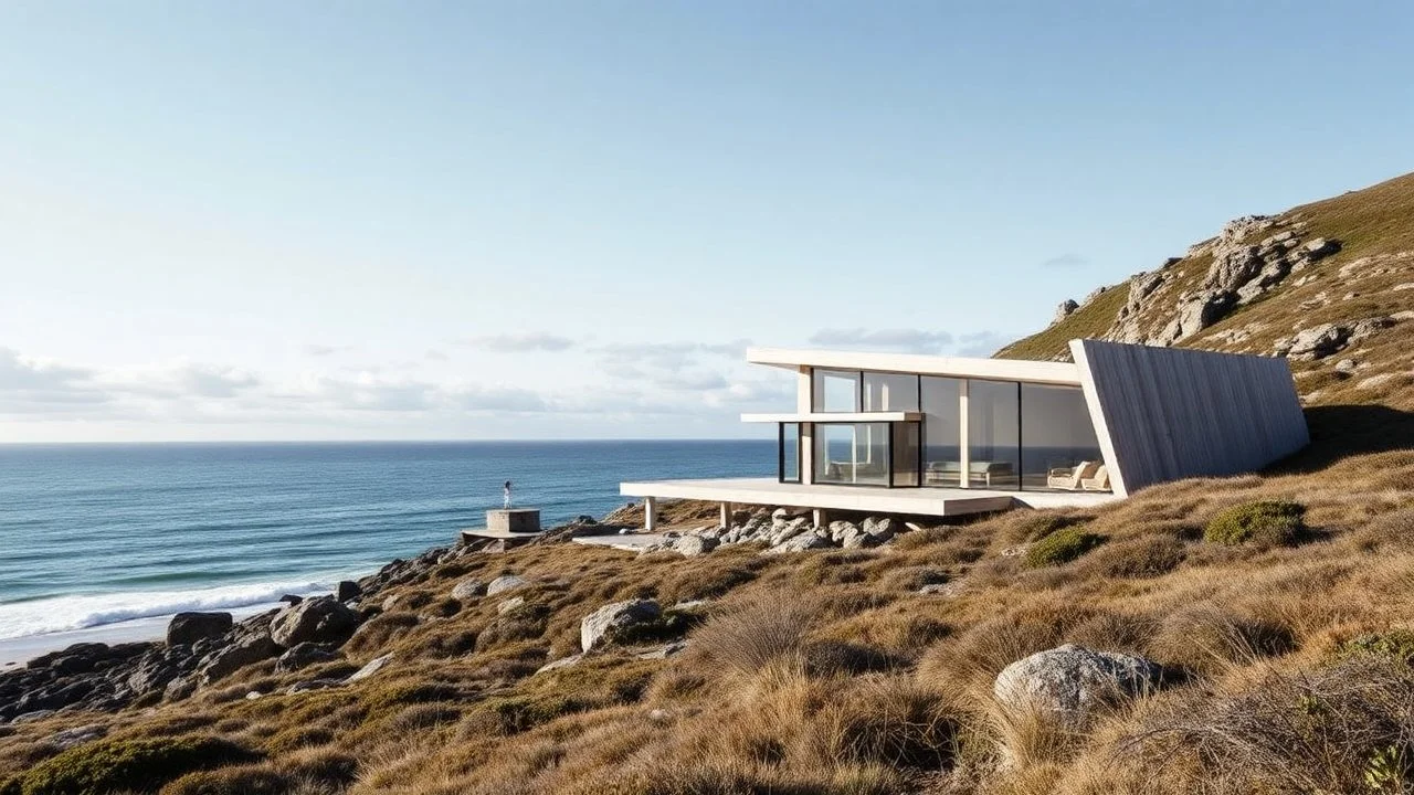 A single-family house inspired by the architecture of Jørn Utzon, located in a beach landscape by the sea. Designed to integrate into the rugged terrain with a balance of geometric shapes and natural surroundings.