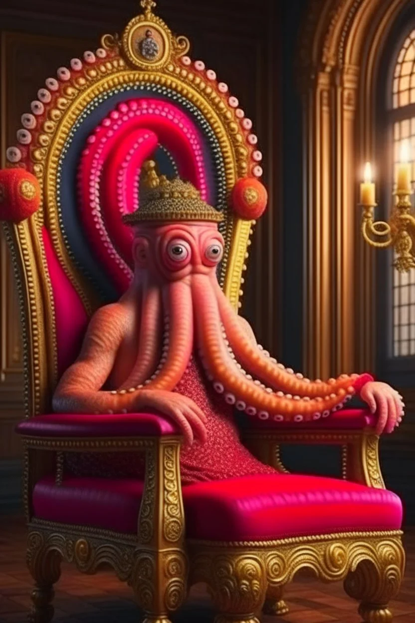 portrait of octopus with stylish wig smoking sigar on a throne in medieval castle, 4k, downlight, soft light, depth of field, photorealism