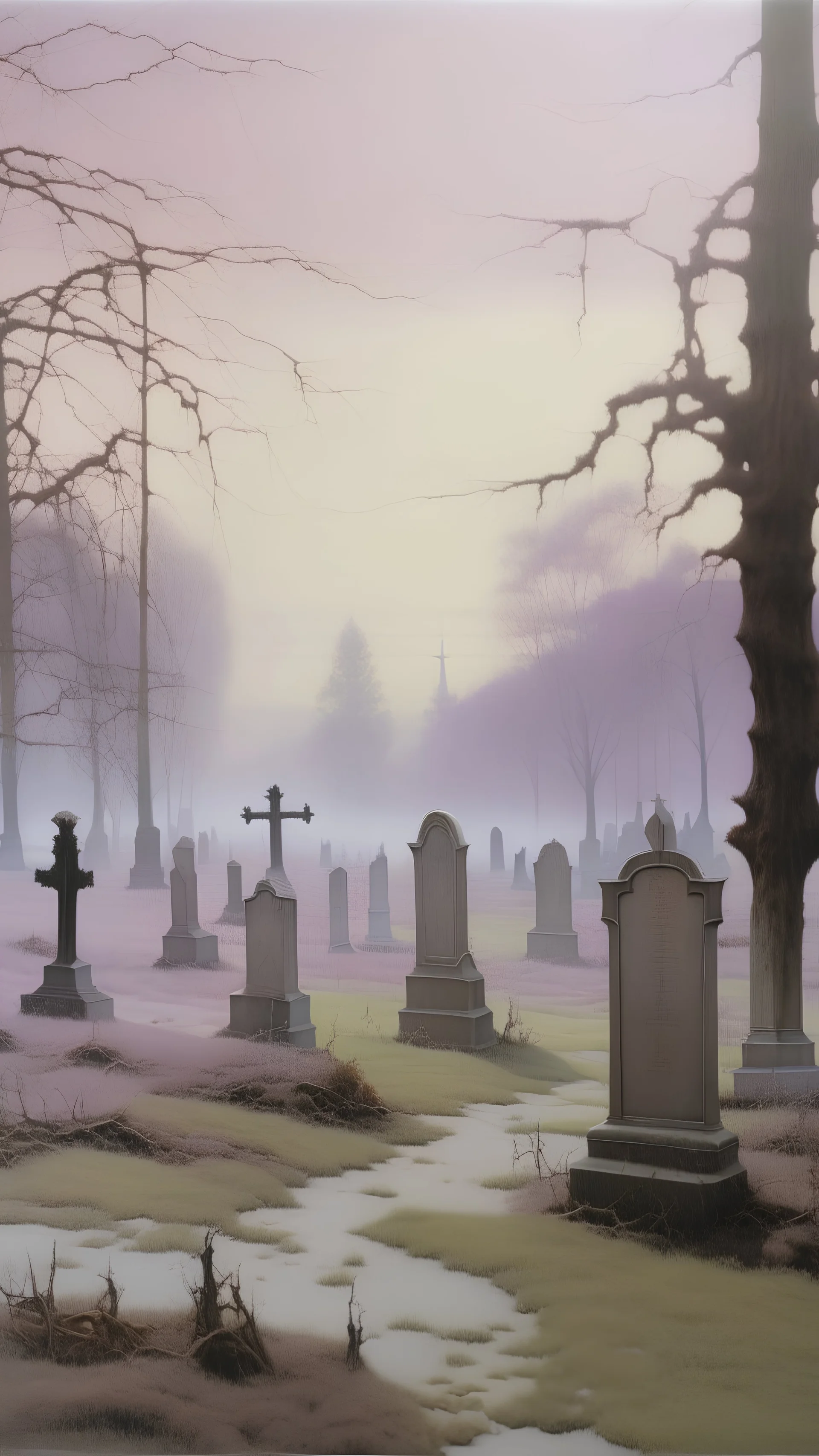 A light purple graveyard covered in gravy painted by Caspar David Friedrich