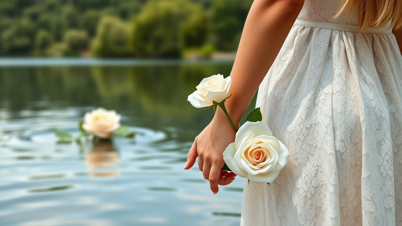 close up Back view couple holding hands close a lake, a white rose swims on the water, in the blur background a lake, some green trees, ultra detailed, sharp focus, perfect anatomy, perfect hands with fingers, perfect photo