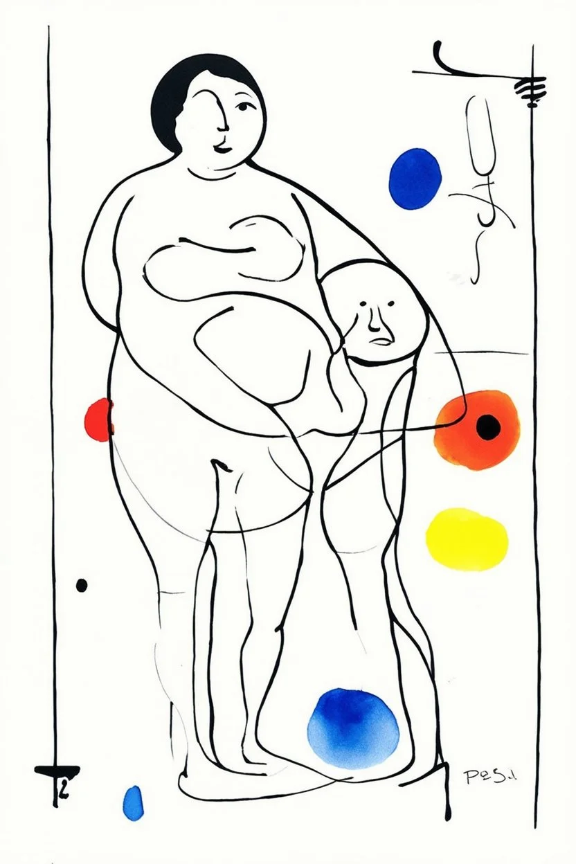 Reprezentare grafica moderna figurativa cu simboluri ,minimal art similar cu desenele lui Picasso , a unui desen facut de un autist , reprezentand o femeie grasa si un barbat slab , în stilul combinat acuarelei umede a lui Joan Miro si cu filigran lineart minimal a lui Jean Cocteau cu Paleta de culori impresionista cu culori putine si tari. Fond alb si linii color subtiri si paralele, cu umbre de lumina cu hasuri incrucisate