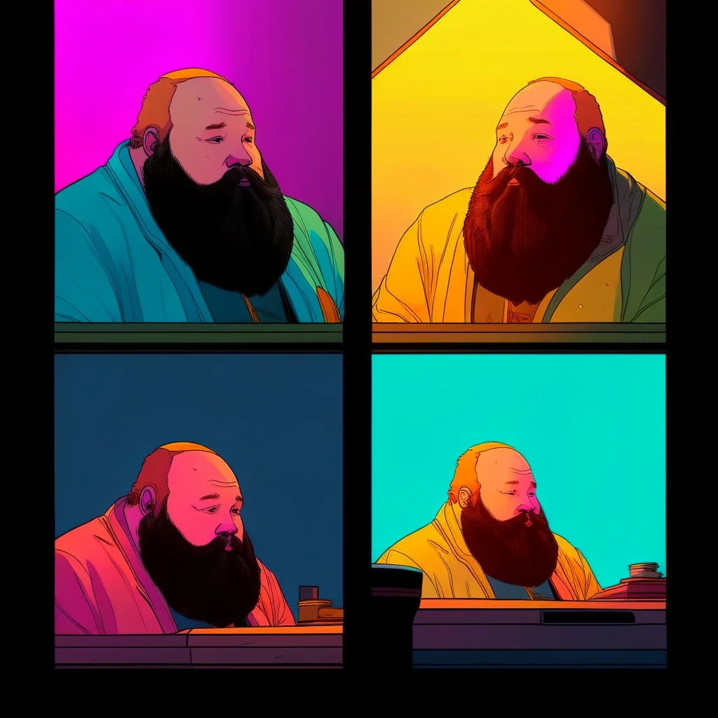 comicbook, 2 panels, a fat, bearded man (watching tv:1.8),,comic book panels, multiple angles, a mixture of lighting and color palettes.