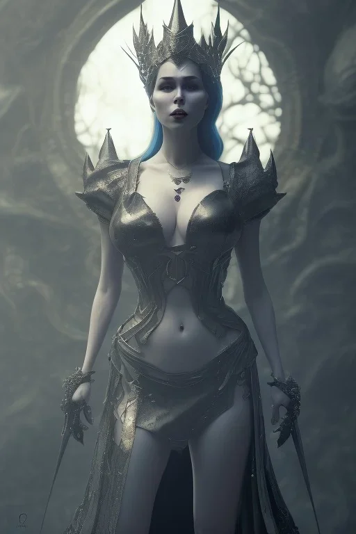 Lene Nystrøm as evil queen in black leather, busty, cleavage, voluptuous, Aqua Lene, angry, stern look. character design by cory loftis, fenghua zhong, ryohei hase, ismail inceoglu and ruan jia. unreal engine 5, artistic lighting, highly detailed, photorealistic, fantasy