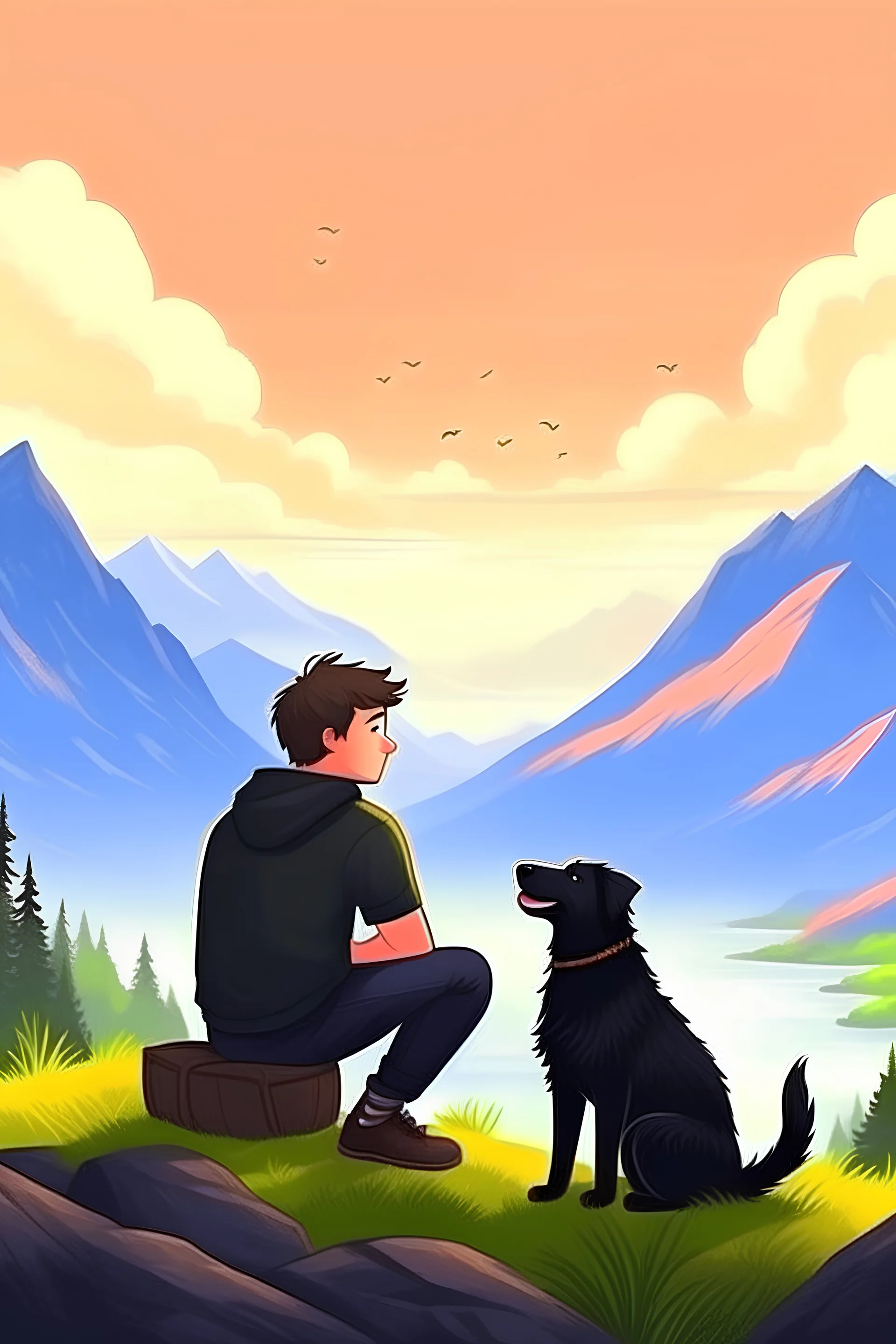Escape to the mountains, buzzed brown hair guy and cute realistic black dog