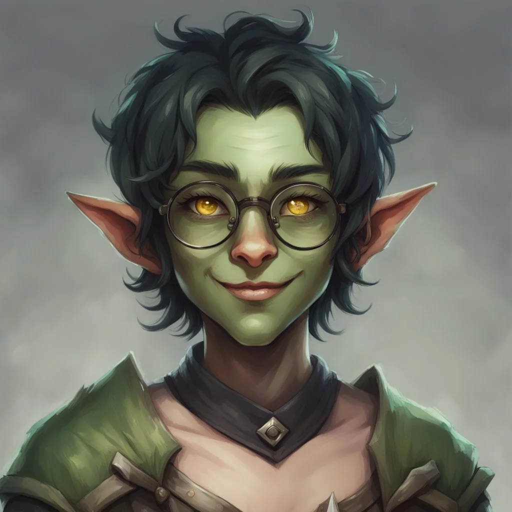 dnd, portrait of cute young orc-elf hybrid femboy, black hair, short hair, curled hair, hair covering one eye, emo hair, round glasses, tusks, sharp teeth, yellow eyes, flat chest, mage, magic, nose ring, pierced ears, twink, smile, sharp teeth, green skin, round face, small nose, shy