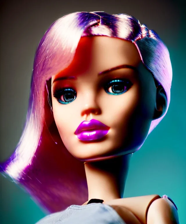 Realistic photo decapitated barbie doll head. Cyberpunk, Foto de estudio. Pared de fondo. Gran angular. Simetría. Ultra hd.