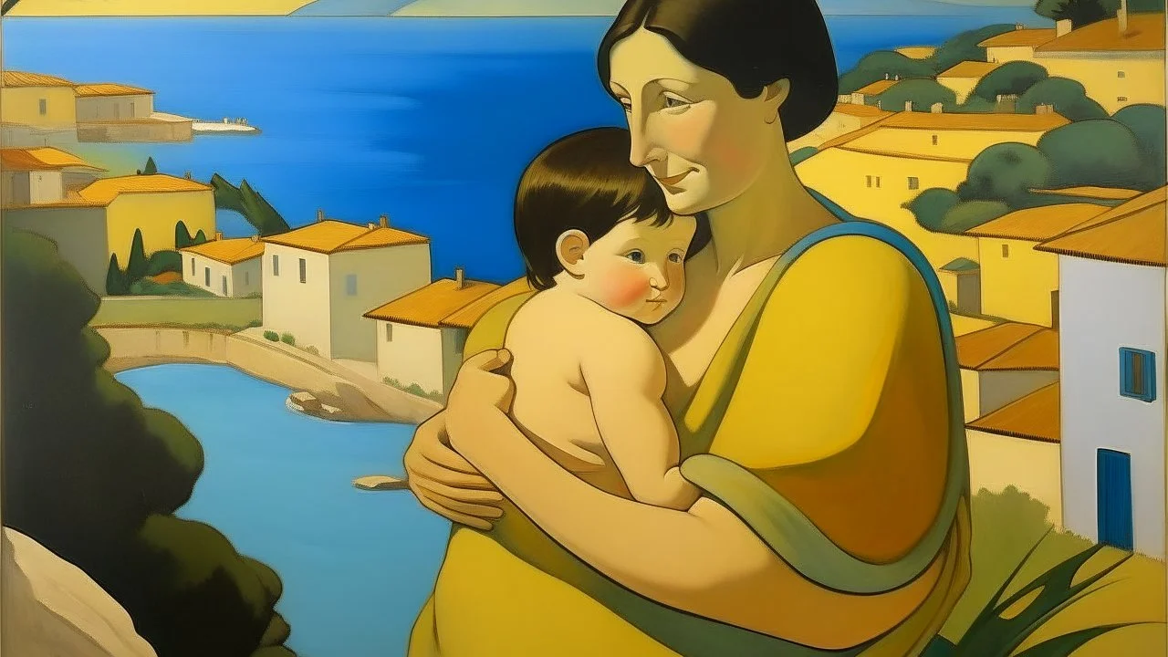 cote d'azur mother child hugging other chuld the back painting neoclassism sea