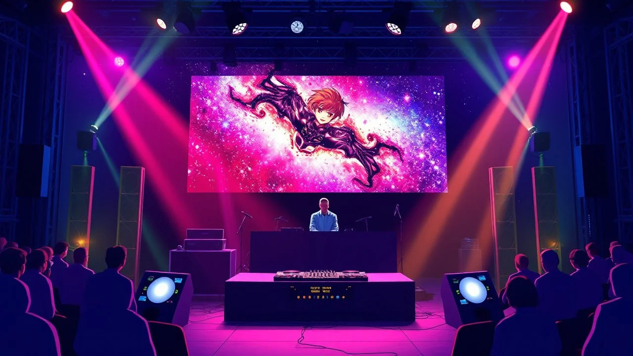 poster for a party with anime music videos galaxy theme dj on stage with big screen