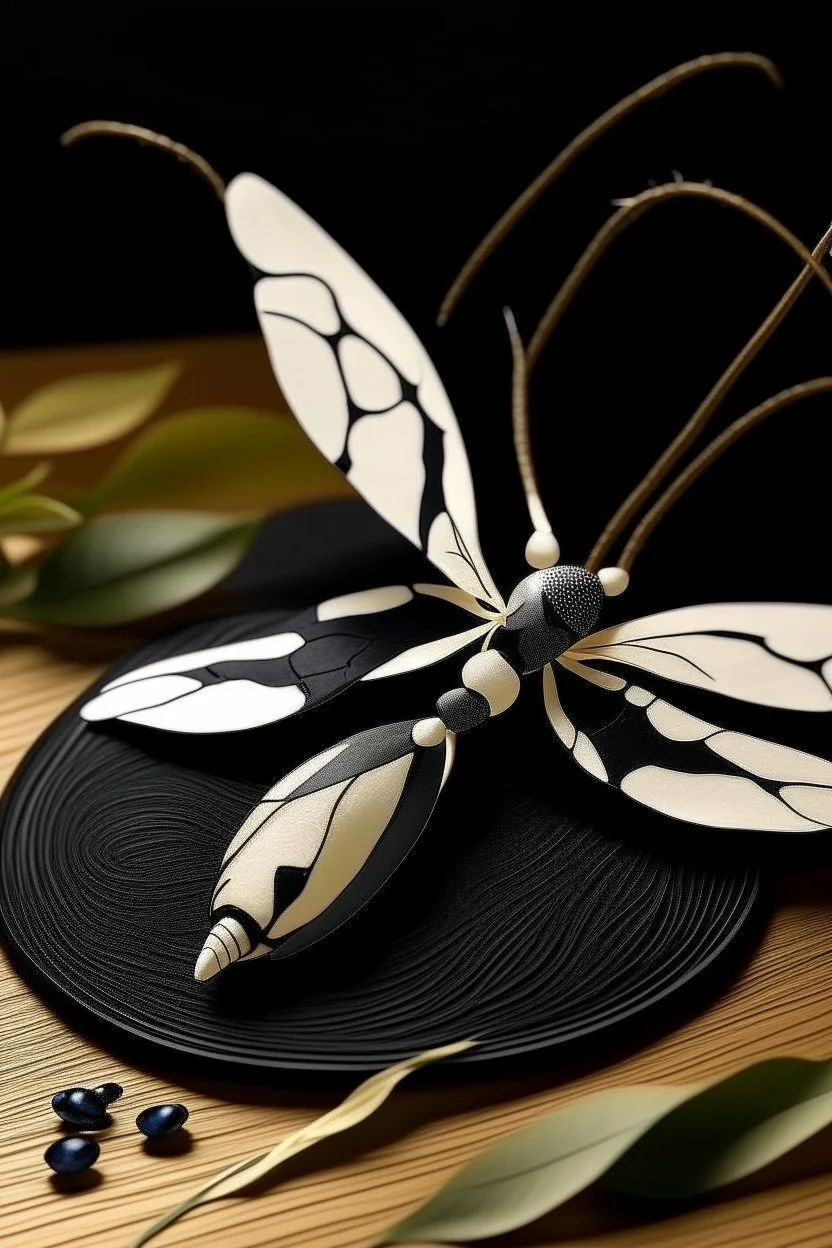 Craft a combination futuristic of a leaf, and dragonfly in shades of ivory and black.