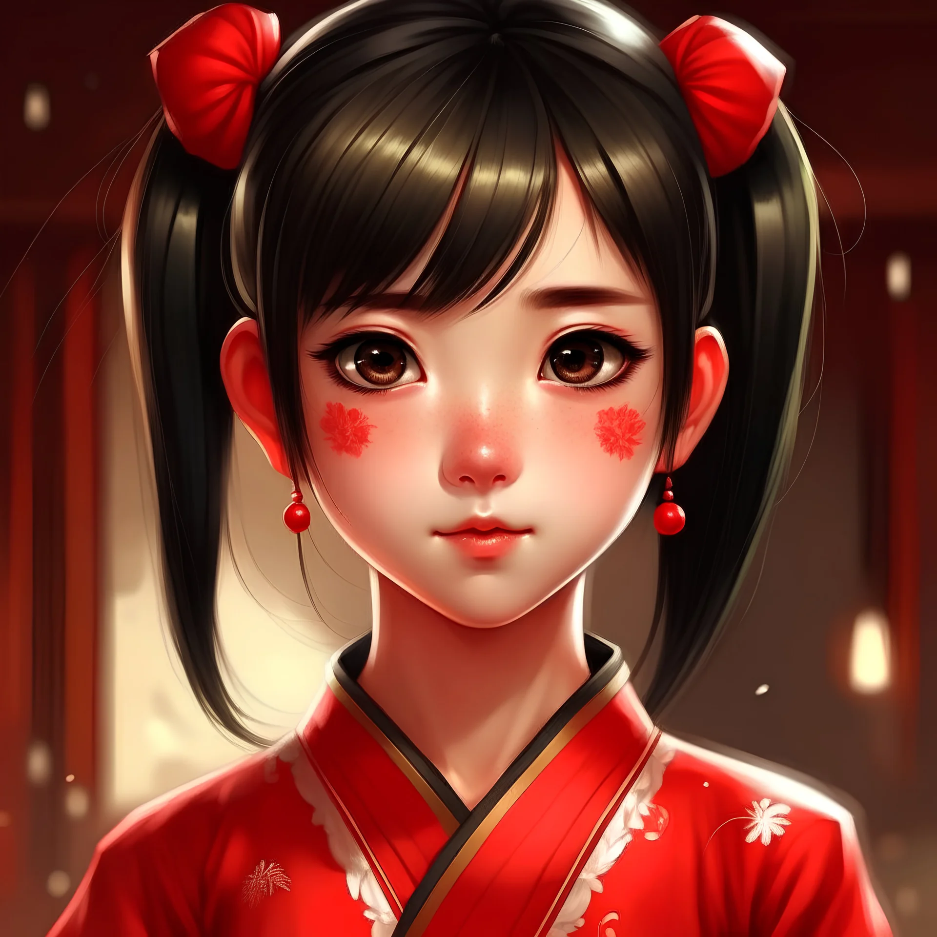 Teenage Chinese girl, black hair in Chinese buns, red cheongsam, brown eyes, pale skin, anime style, front facing, looking into camera,