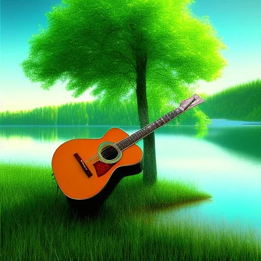 guitar is leaning at a beautiful green Tree, in front of a lake, photorealistic