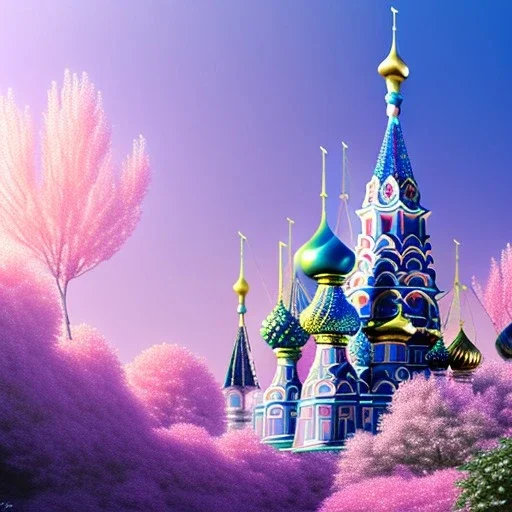 one Russian crystal subtle castle blue and pink in a galactic ambiance , transparent petals, delicate colors, bin the foreground, full of details, smooth，soft light atmosphere, light effect，vaporwave colorful, concept art, smooth, extremely sharp, masterpiece, best quality, blue skinned, sparkling,8k, , sun light, 4K, RAW, depth of field,high contrast,