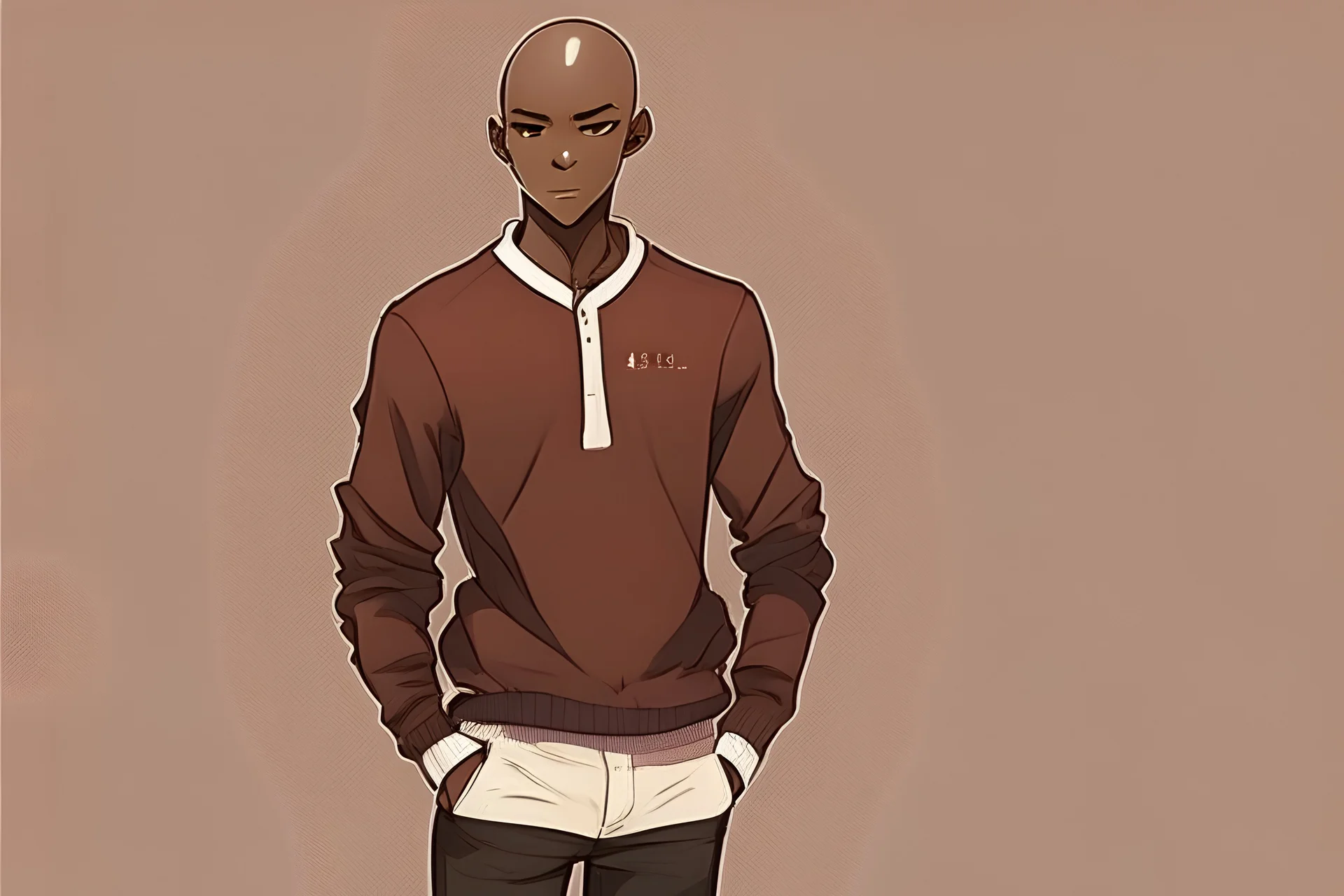 Dark skin guy, bald black hair, medium n...