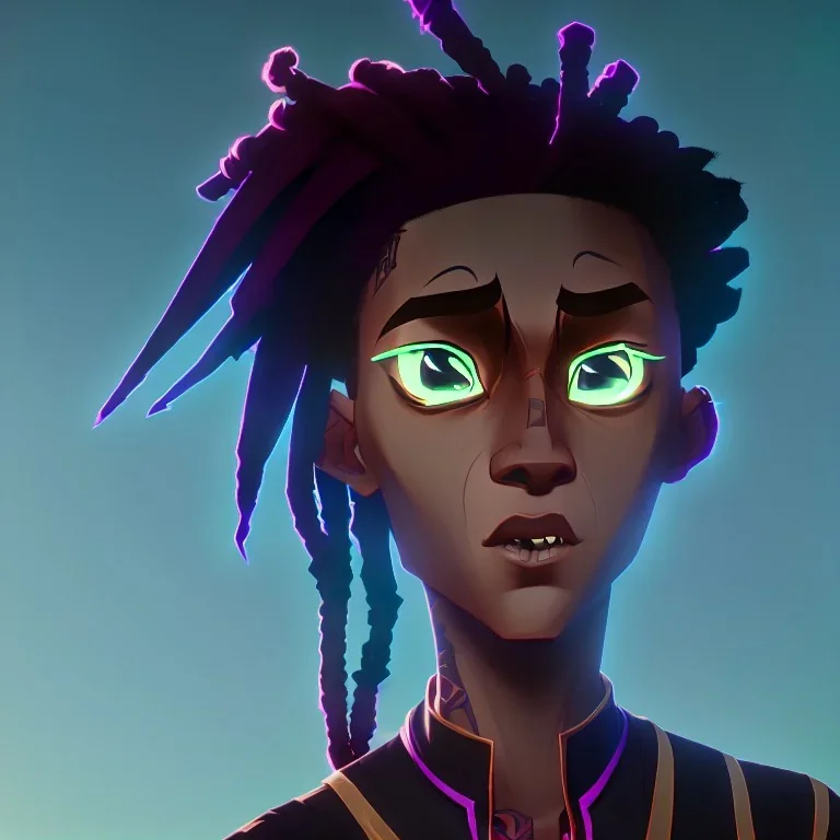 Tala is a black boy with dreadlock hair neon eyes with a ponytail