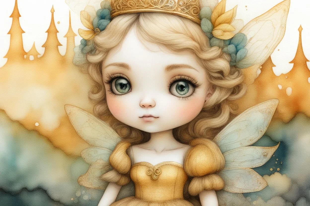 closeup, double exposure, merged layers, golden patina, corrosion, topographic lines, needle felt mohair cute chibi fairy princess, fairy village, watercolor and charcoal S<AI in sunshine