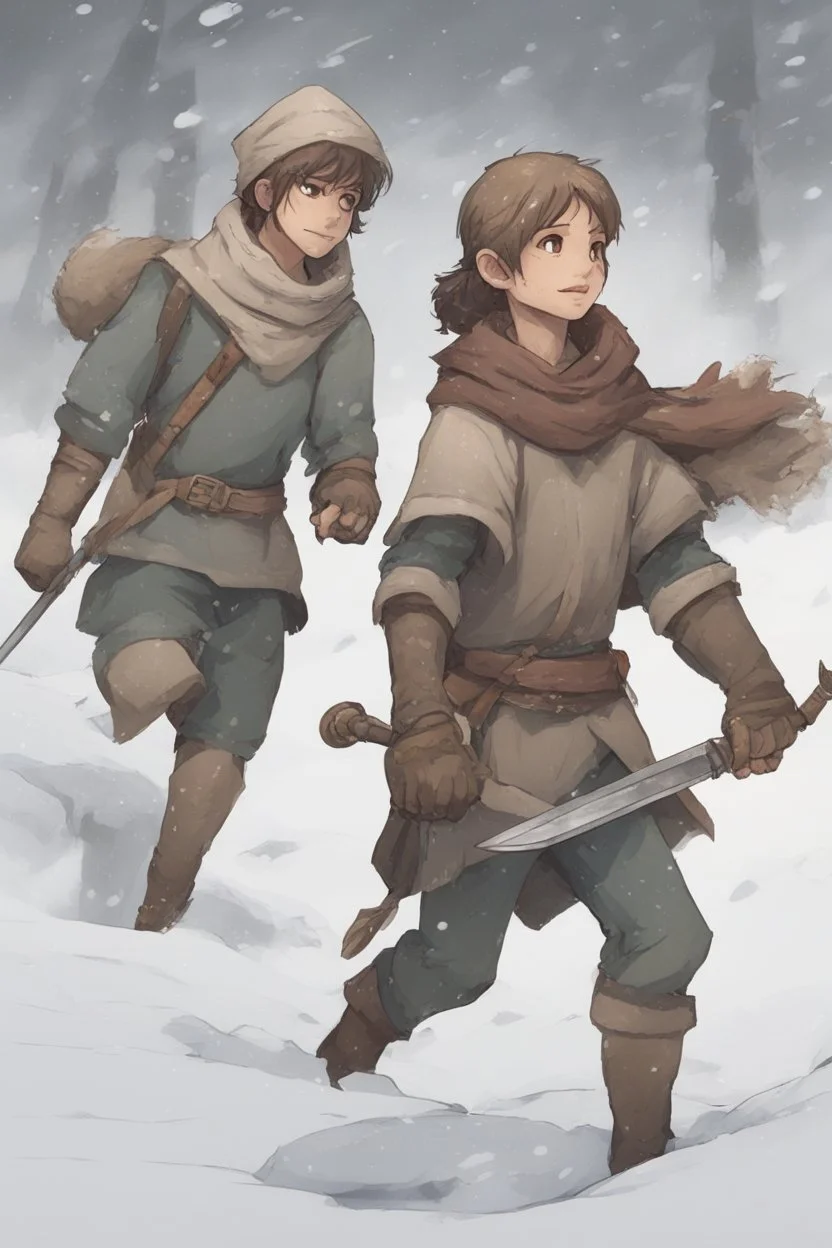 DnD style, two medieval peasant kids playing in the snow, female age 14 and male age 15, happy and playful, he has a short sword.