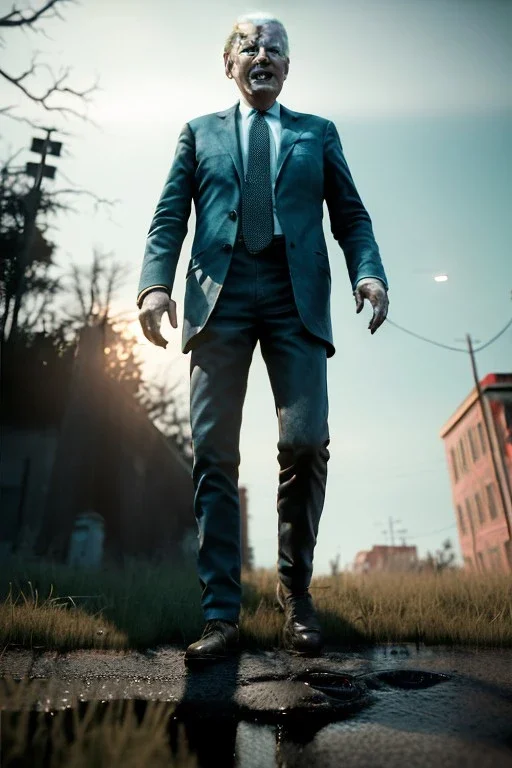 realistic image, joe biden zombie, night, walking twisted, waist up view, 80s, dark ambient, highly detailed, sky background, concept art, unreal engine 5, god rays, ray tracing, RTX, lumen lighting, ultra detail, volumetric lighting, 3d, finely drawn, high definition, high resolution.