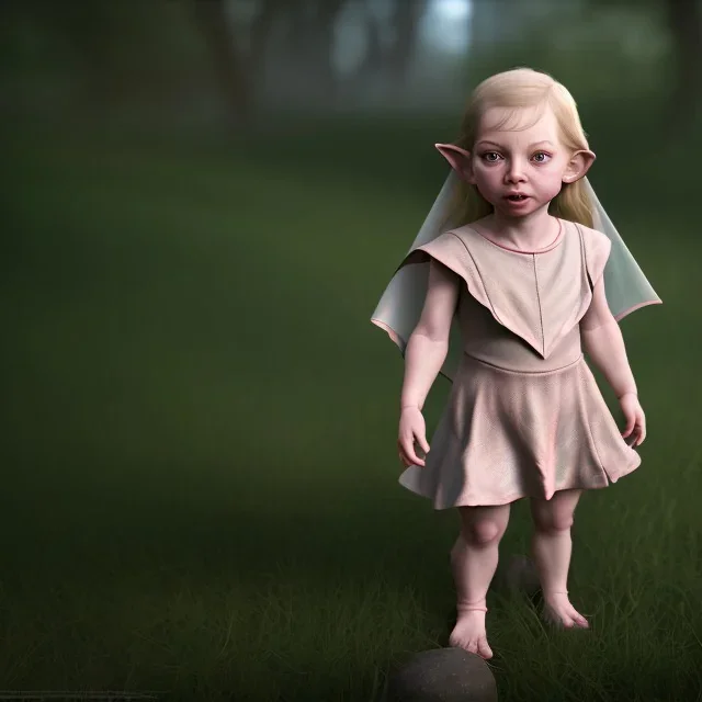 Galadriel toddler, full body, dramatic lighting, hyper realistic