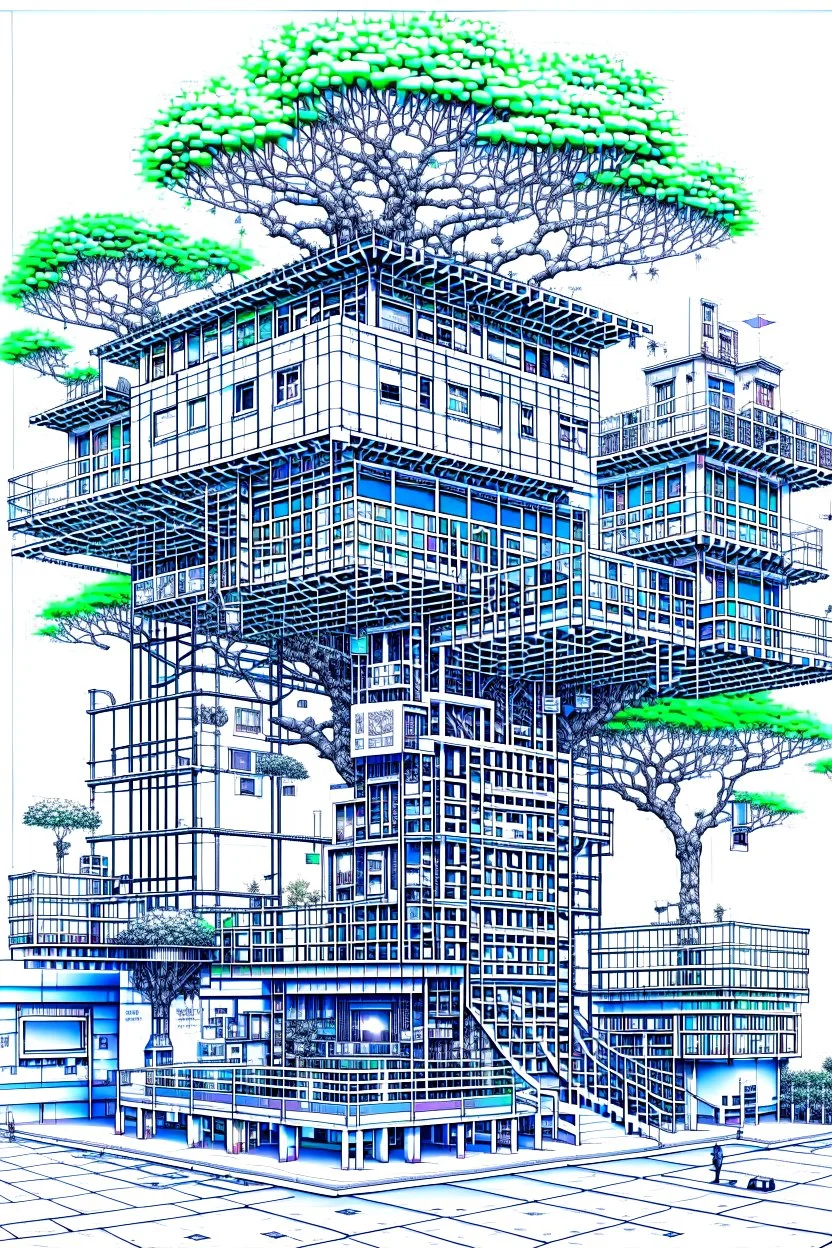 Dibujo arquitectónico de una casa del árbol cyberpunk, hiperdetallada, calidad ultra, increíble obra de arte