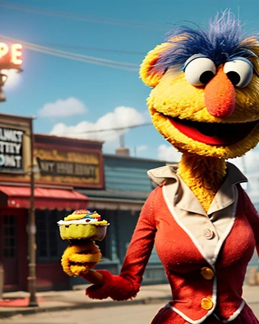 waitress woman with Sesame Street muppet mask-head, concept art, retro style, smooth, unreal engine 5, god lights, ray tracing, RTX, lumen lighting, ultra detail, volumetric lighting, 3d.