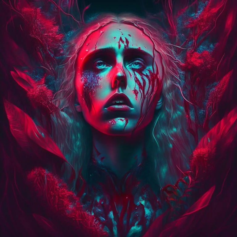 iridescent, Singer Danish MØ face, blood, futuristic, guts, wildflower, cosmic, intricate, darkred tones,sidhe, ominous, nature, plants,