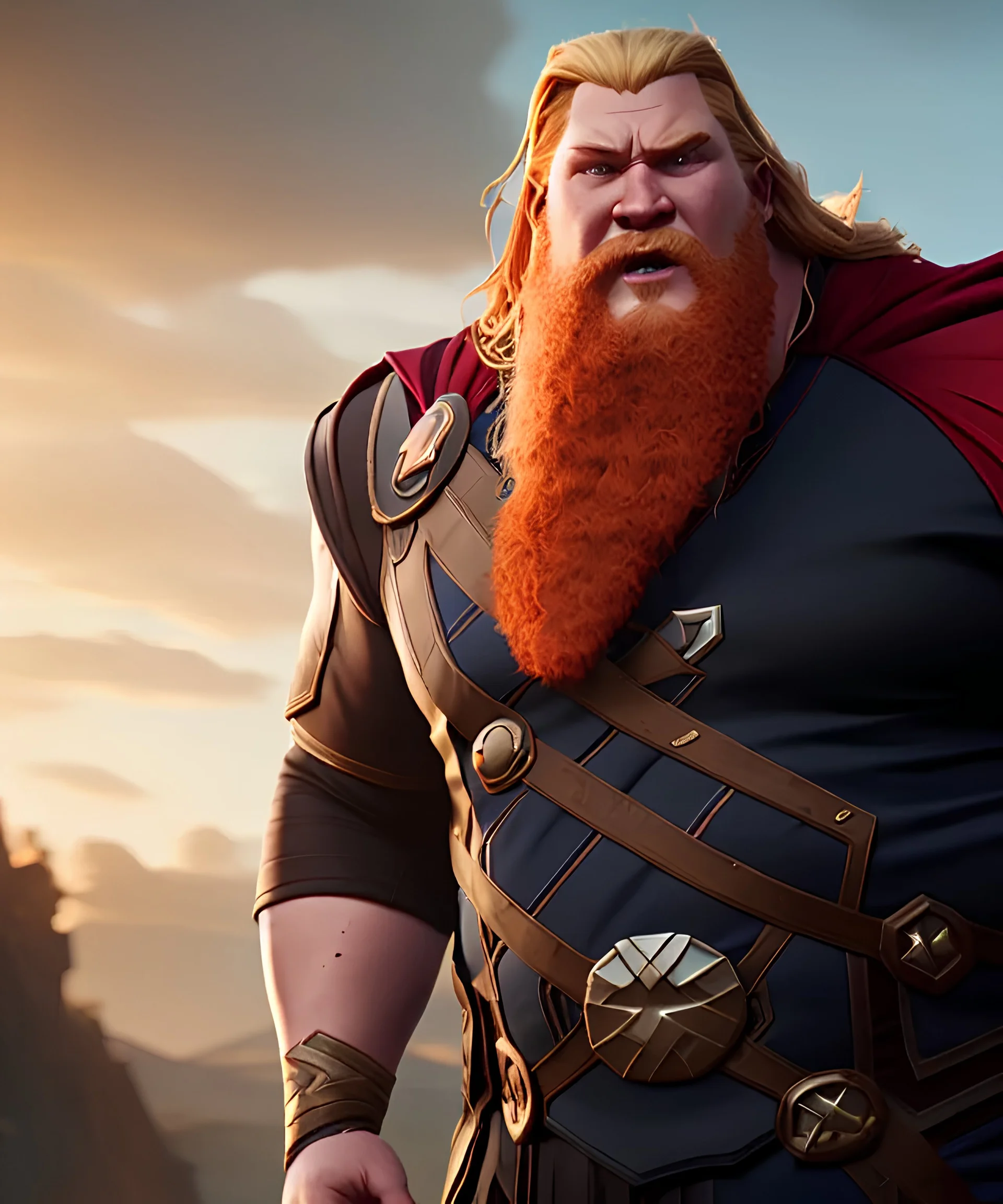 Fat thor with ginger hair, magnificent, majestic, Realistic photography, incredibly detailed, ultra high resolution, 8k, complex 3d render, cinema 4d.