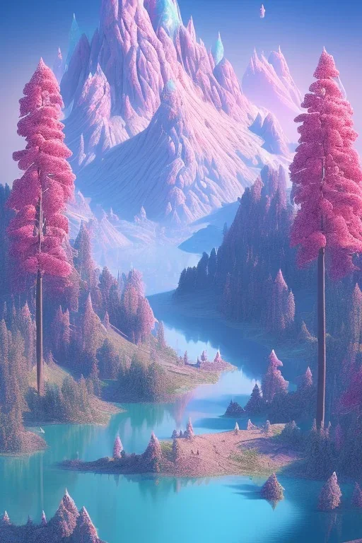 mountain with strawberry ice-cream on top, lake, trees, mystical, Post-painterly abstraction