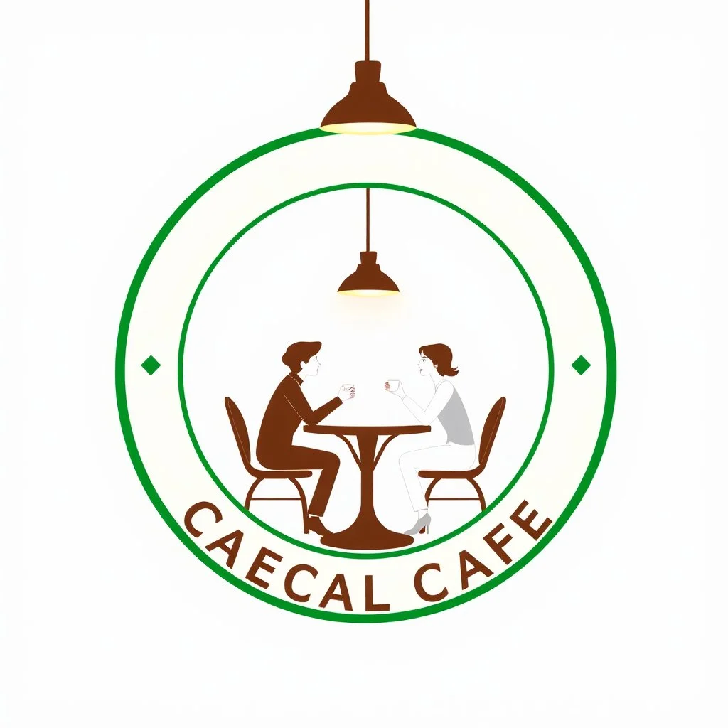 A circular logo with a special green border color, in the center of which are two people sitting around a table drinking coffee, and the cafe light above the table is on, in the space of a special and beautiful cafe.