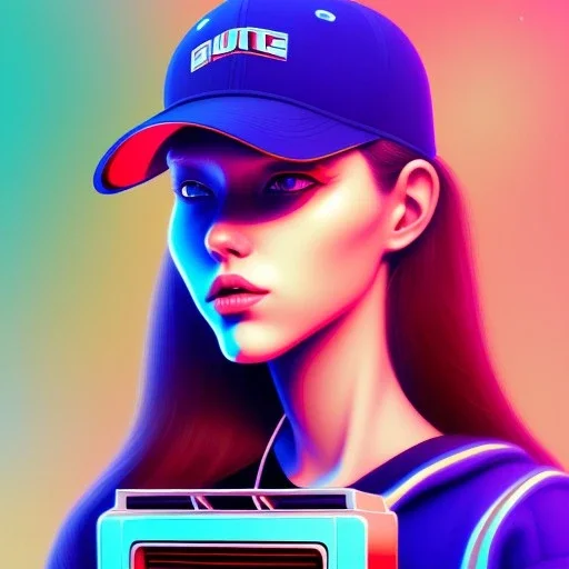 a girl wearing a baseball cap holding a small boombox in her hand, full shot. paint splashes, outrun, vaporware, shaded flat illustration, digital art, trending on artstation, highly detailed, fine detail, intricate