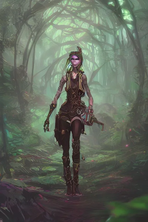 steampunk elf in a neon dystopian forest