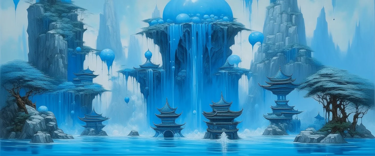 A blue coast with a fountain and water globs painted by Zhang Lu