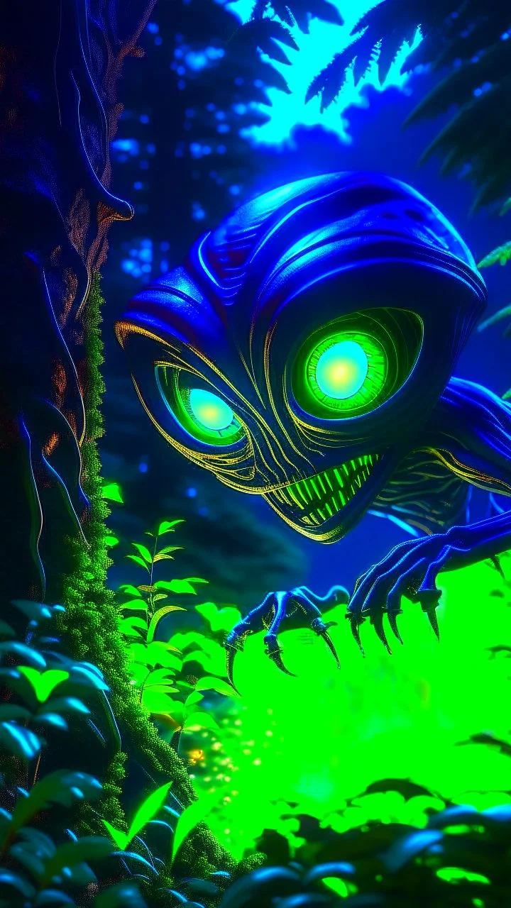 Aa alien peeking out of a bush in a forest at night, photorealistic