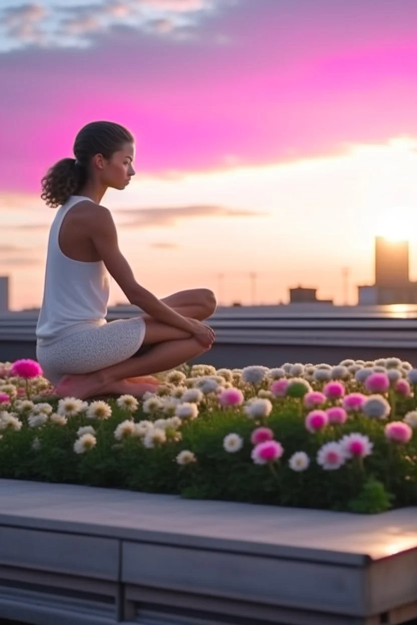 woman doing yoga on the roof of a buss with flowers, 4k, downlight, soft light, depth of field, photorealism