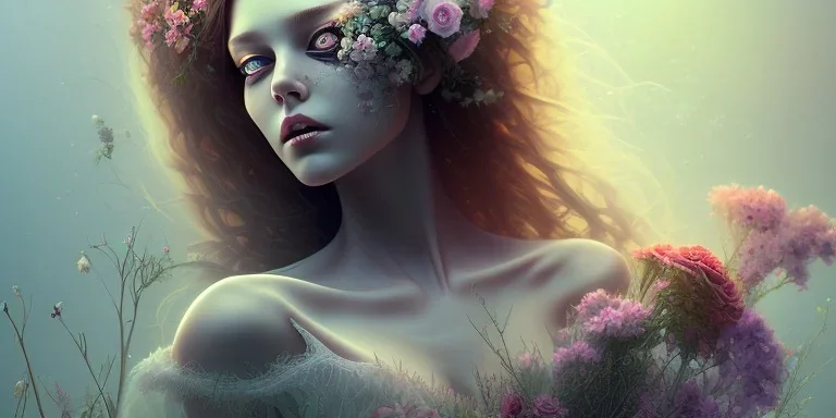 dead girl buried in flowers, beautiful, magical