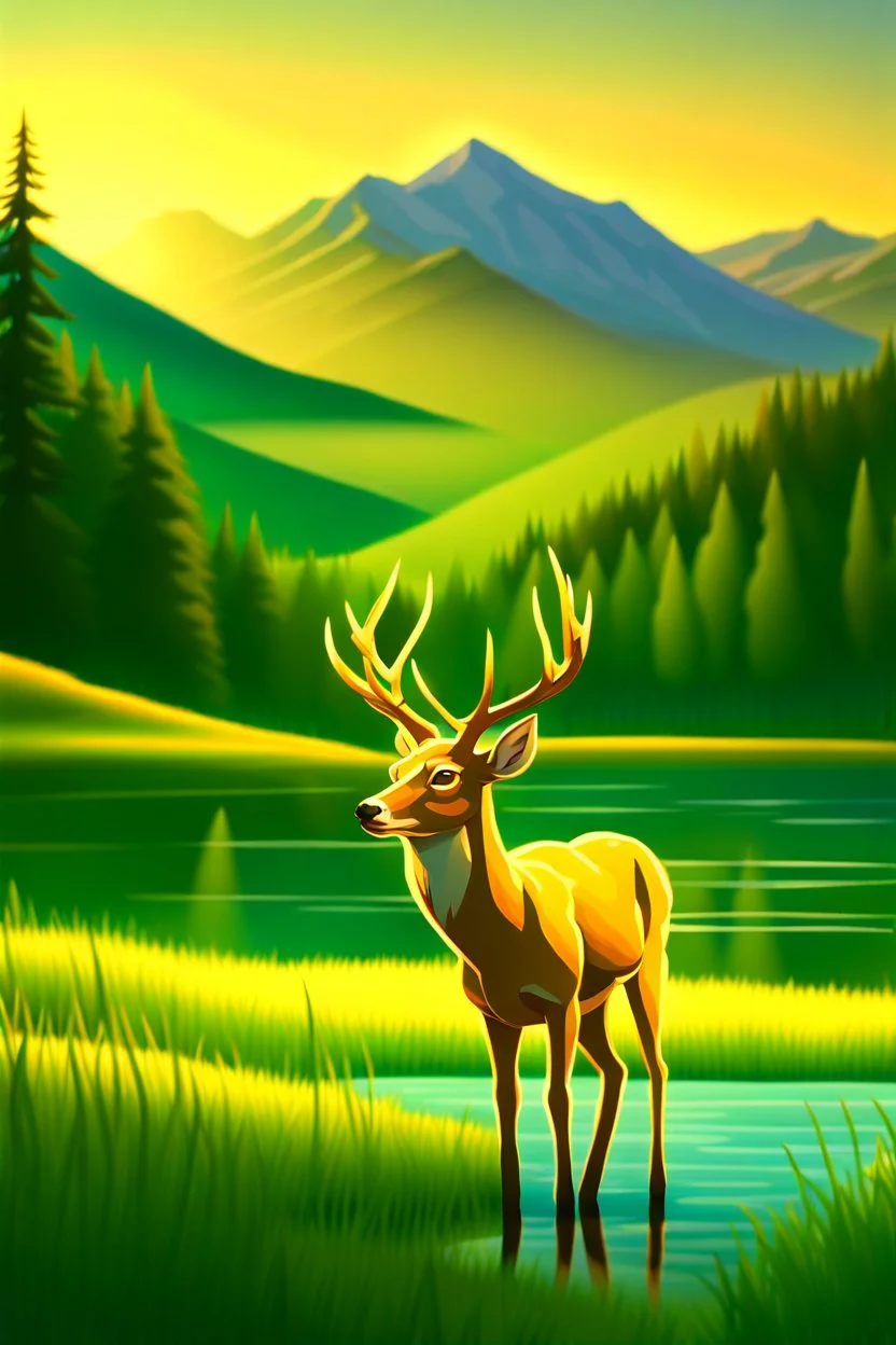 the foreground, a deer on a forest hillside overlooking a lake. Bathed in sunshine, with a lush green meadow, a winding river, and a towering mountain range in the distance. Warm sundown glow, golden hour. Ultra-detailed, with every blade of grass and every leaf rendered in perfect clarity. The colors are vibrant and saturated, with a dreamy, ethereal quality. Stained glass effect. Modifiers: photorealistic award winning cinematic postprocessing watercolor Ink drawing Steve Hanks Nicoletta Cecc