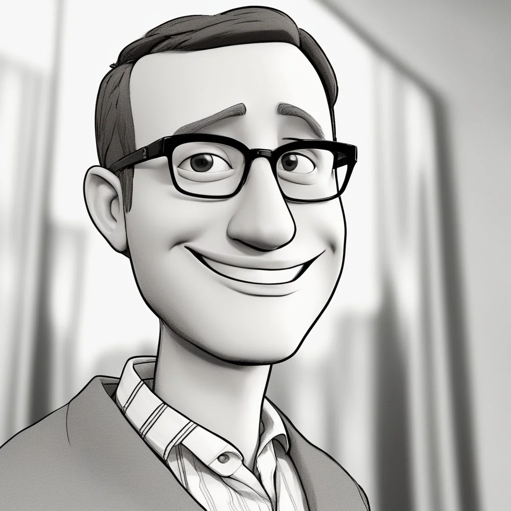 a portrait of smiling man. carricature. black hair. short hair. fair skin. dark brown eye pupils. monolid eye. wearing rectangle glasses. big nose. round face shape. formal dress. pixar style. 3D. 4k. portrait. highly detailed. sharp focus. high resolution. full color. cinema lighting