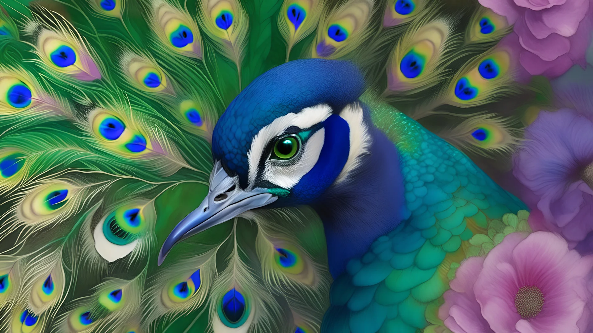 Close-up of peacock feathers with detailed eyespots in shades of green, gold, and blue on a textured pink and cream background, surrounded by vibrant purple flowers