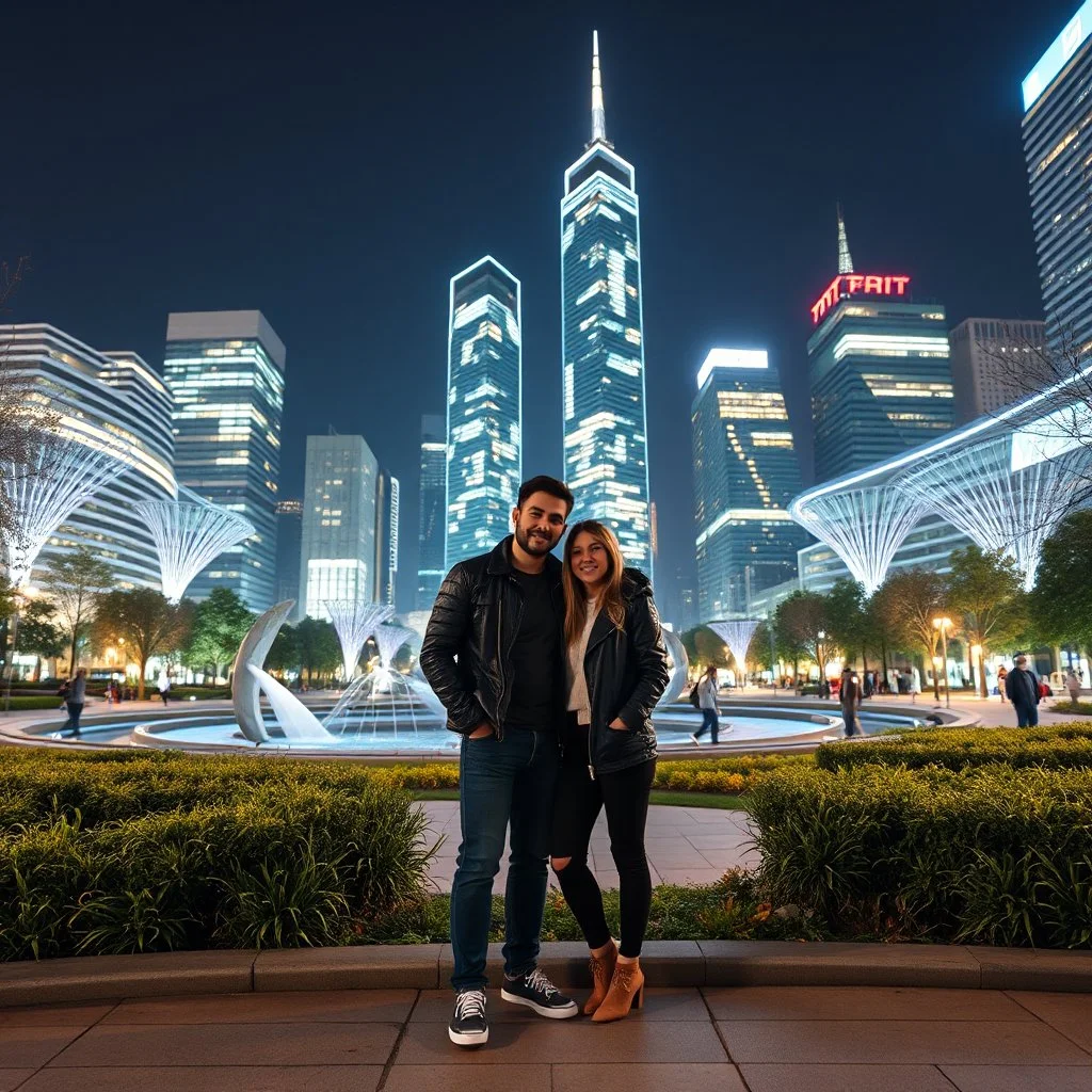 future modern city center park a pertty couple with modern clothing standing and posing to camera