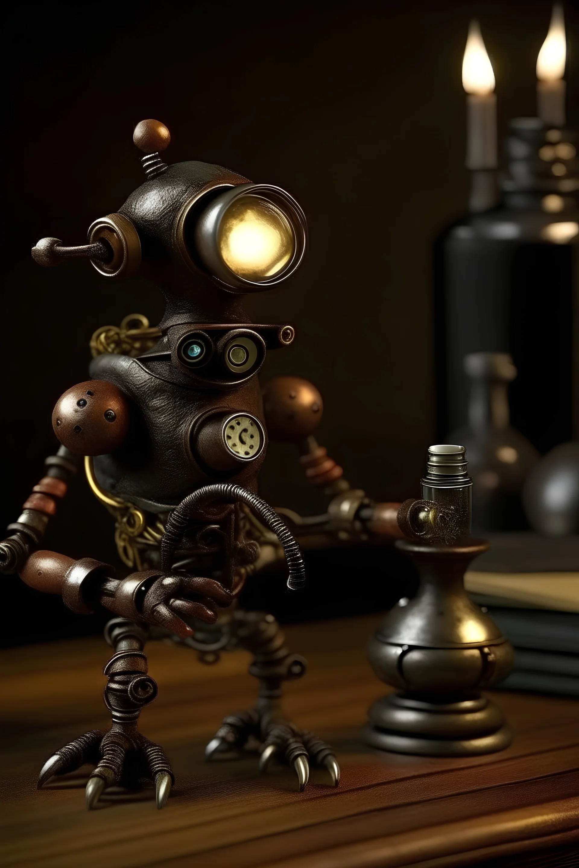Short creature metal, body made out of lab equipment, nonorganic, goggles eyes, steampunk, dark brass body, humanoid, Bunsen burner, beakers , Microscope