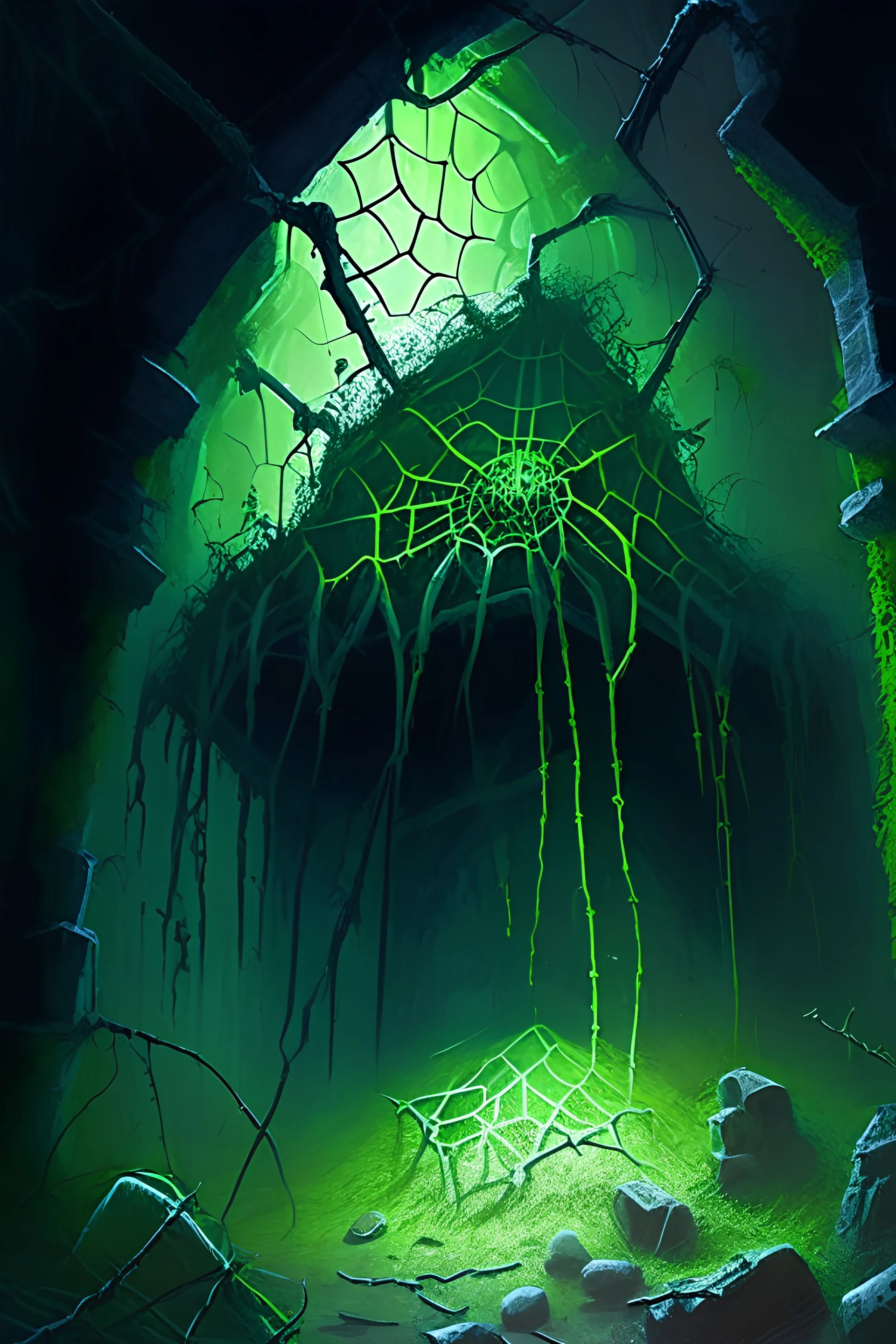 Abandoned spider lair filled with tiny spiders with green glowing eggs and tangled webs in ruined castle rpg art painterly