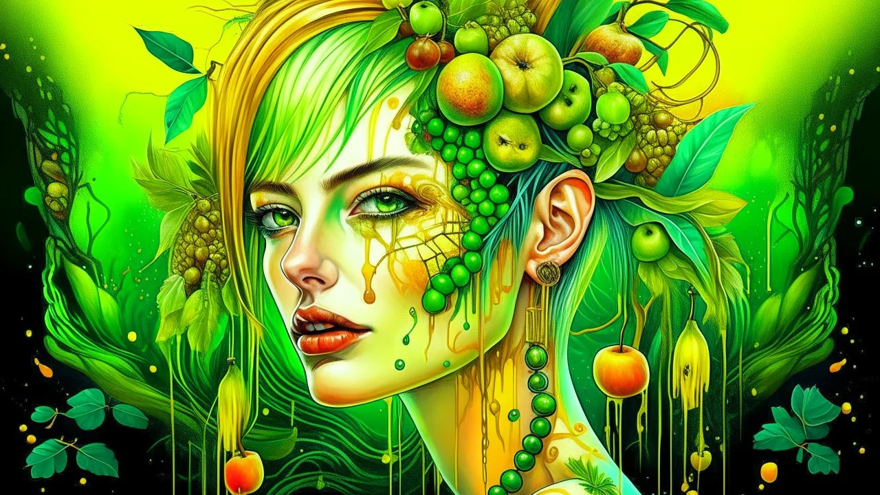 green background, Punk Woman 49 years old, hair made of Fruits, Grapes, tangerines, gold, gouache, watercolor, acrylic, paint drips, branches, fine drawing, golden makeup, bees, tattoo, alien, bright colors, fine drawing, double exposure , high detail, high resolution, 8K, 3D, bees,